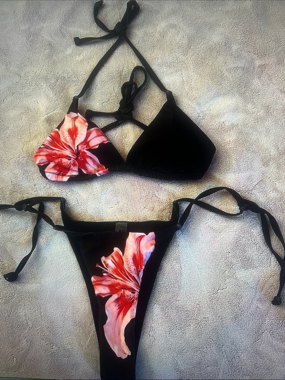 Black Floral Accent Tie-Side Bikini Set - Women Swim